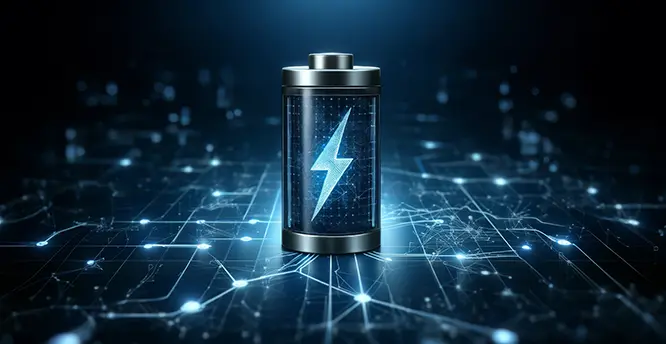 Illustration futuriste d'une batterie chargée avec un éclair lumineux, entourée d'un réseau numérique connecté