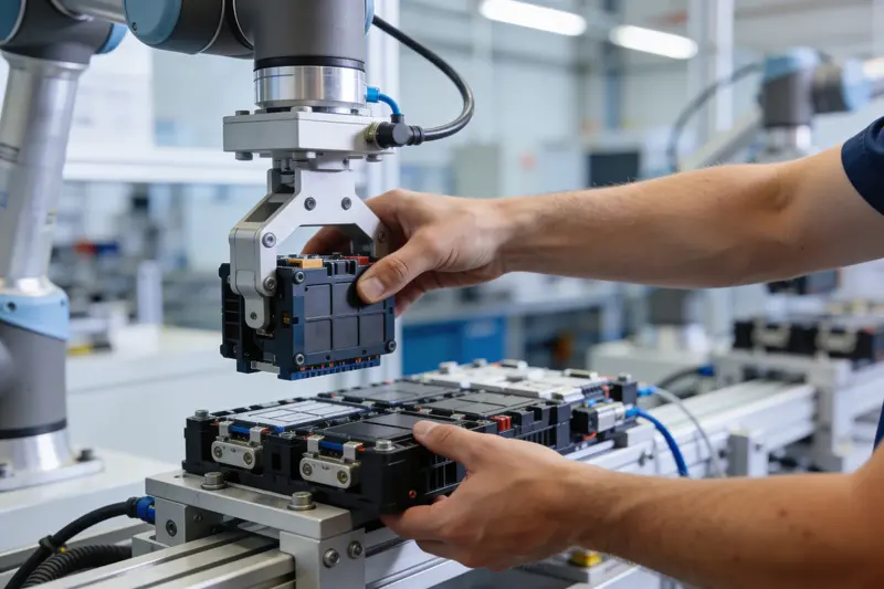 la main d'une personne qui assemble une batterie en usine